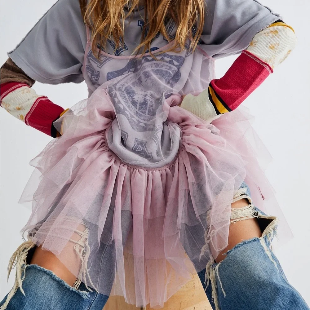 Push Send Free People Tulle Slip Dress Mini Silverberry Ruffle Tier - Picture 3 of 7